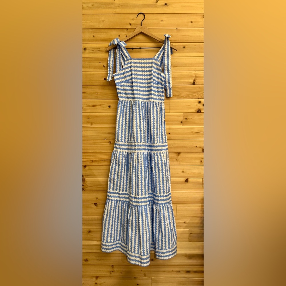 NWOT Blueage Small Nautical Cream Blue Wavy Pattern Tie Shoulder Maxi Dress